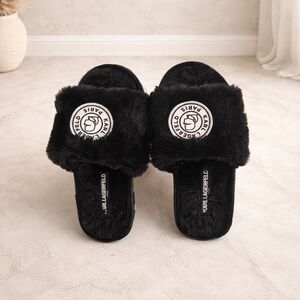 Karl Lagerfeld Paris Black Faux Fur Slide Sandals
